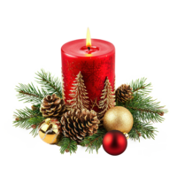 Christmas red candle with green fir branches and gold pinecones and baubles isolate on transparent background png
