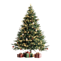 Christmas tree with lights and gifts front view isolate on transparent background png