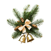 Christmas jingle bells with bow and fir tree branches isolate on transparent background png