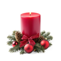 Christmas red candle with ribbon and baubles with pinecones and green fir branch front view isolate on transparent background png