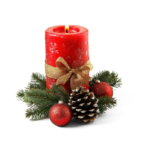 Christmas red candle with ribbon and baubles with pinecones and green fir branch isolate on transparent background png