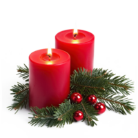 Red two candles with green fir branch isolate on transparent background png