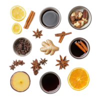 Different mulled wine ingredients top view isolate on transparent background png