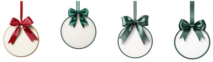 Round Christmas sale tag with red ribbon and bow hanging isolate on transparent background png