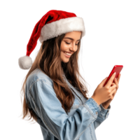 smiling young woman wear Santa red hat using smart phone texting, standing side view isolate on transparent background png