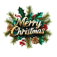 alegre Navidad saludo 3d texto Decorar con muérdago sucursales, piñas, acebo hojas, bayas aislar en transparente antecedentes png