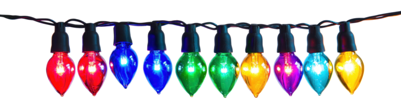 A string of colorful Christmas lights hanging isolate on transparent background png