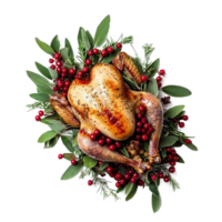 Christmas turkey garnished with red berries and sage leaves isolate on transparent background png