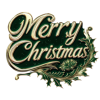 Classic Serif Font Merry Christmas in an elegant serif font, colored in dark green, with a subtle gold outline, and a small wreath in the corner. isolate on transparent background png