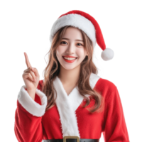 Beautiful Young woman smiling wear Santa costume with hand pointing to empty space front view isolate on transparent background png