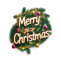 BOLD text Merry Christmas in Christmas style 3D rendering, shape of christmas fir branches decorated with garland and baubles isolate on transparent background png