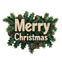 alegre Navidad saludo 3d texto Decorar con muérdago sucursales, piñas, acebo hojas, bayas aislar en transparente antecedentes png