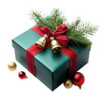 Christmas gift box with barble and jingle bell with fir branch isolate on transparent background png