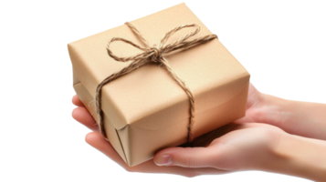 Hands holding craft paper giftbox with twine bow isolate on transparent background png