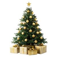 Christmas tree with gold ornament and artificial star hearts presents isolate on transparent background png