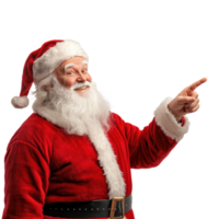 Smiling Santa Claus with hand pointing at empty space, standing side view isolate on transparent background png