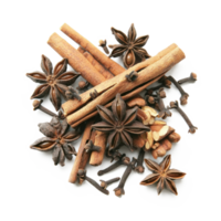 Cinnamon, anise and cloves top view isolate on transparent background png