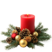 Christmas red candle with green fir branches and gold pinecones and baubles isolate on transparent background png