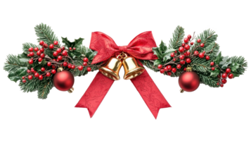 Christmas border with red ribbon and bow with gold bell Holly Berry Mistletoe Ivy Fir and red Bauble isolate on transparent background png