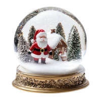 a miniature Santa claus tiny trees and a small house winter scene inside snow globe, glitter snow swirling around inside the glass dome, isolate on transparent background png