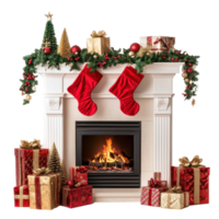 Christmas Fireplace with red and gold gifts decoration items isolate on transparent background png