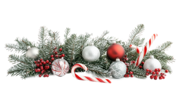 Christmas border bunch of pine branches, candy canes and christmas ornaments isolate on transparent background png