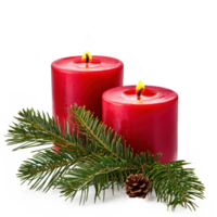 Red two candles with green fir branch isolate on transparent background png