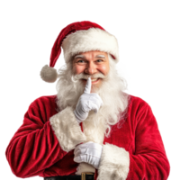 Smiling Santa Claus with fingers on lips gesture, standing isolate on transparent background png