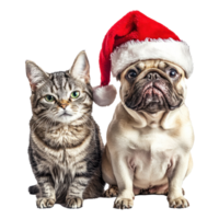 Funny dog and cat wearing a santa hat front view full length isolate on transparent background png