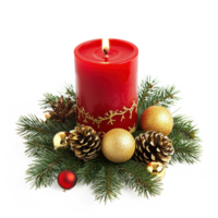Christmas red candle with green fir branches and gold pinecones and baubles front view isolate on transparent background png