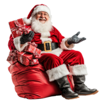 smiling Santa Claus sitting on a red flipped sack with presents and open arms side view isolate on transparent background png