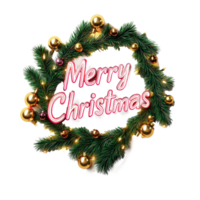 BOLD text Merry Christmas in Christmas style 3D rendering, shape of christmas fir branches decorated with garland and baubles isolate on transparent background png