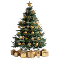 Christmas tree with gold ornament and artificial star hearts presents front view isolate on transparent background png