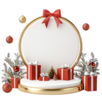Empty Christmas podium with gold and red decorations and presents isolate on transparent background png
