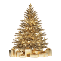 Gold Christmas tree with presents front view isolate on transparent background png