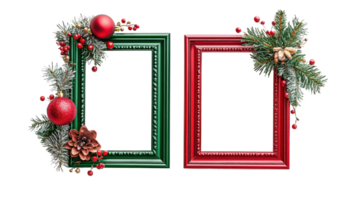Christmas green and red photo frame with christmas decoration isolate on transparent background png