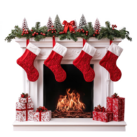 Christmas fireplace with red stockings gifts and decorations isolate on transparent background png