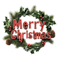 Merry Christmas Greeting 3D text decorate with mistletoe branches, pinecones, holly leaves, berries isolate on transparent background png