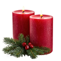 Red two candles with green fir branch front view isolate on transparent background png