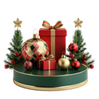 Green red and gold Christmas podium decoration items and presents isolate on transparent background png