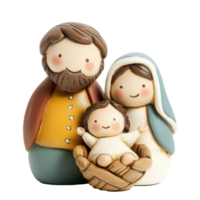 Christmas figurines of Joseph, Mary, and the baby Christ child in a manger front view isolate on transparent background png