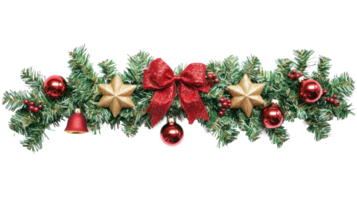 verde Navidad guirnalda con oro campanas en el medio con rojo cinta y arco y otro decoración aislar en transparente antecedentes png