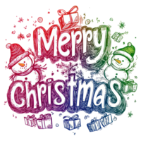 juguetón escrito estilo alegre Navidad en un juguetón, escrito fuente, de colores en un degradado desde rojo a verde, con garabatos de muñecos de nieve y regalos rodeando él. aislar en transparente antecedentes png