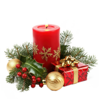 Christmas red candle with green fir branches and holly with gold gifts and jingle bell isolate on transparent background png