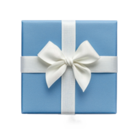 Blue gift box with white ribbon and bow top view isolate on transparent background png