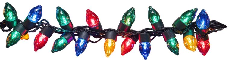 A string of colorful Christmas lights hanging isolate on transparent background png