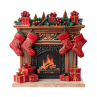 Christmas fireplace with red stockings gifts and decorations front view isolate on transparent background png