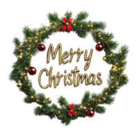 BOLD text Merry Christmas in Christmas style 3D rendering, shape of christmas fir branches decorated with garland and baubles isolate on transparent background png