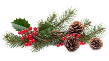 Christmas composition of pine branches with red berries, holly and pine cones isolate on transparent background png