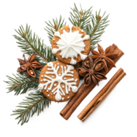 Christmas pine with frosted sugar cookies and cinnamon and fir branch isolate on transparent background png